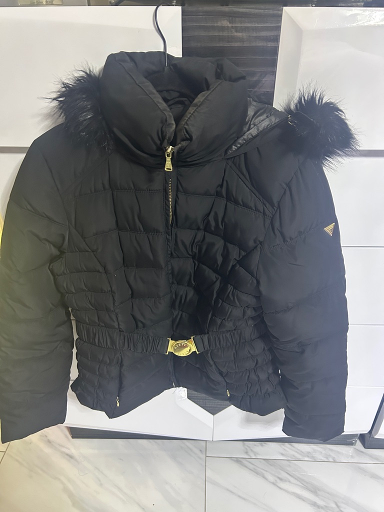 Guess Woman Black Quilted Puffer Jacket With Faux Fur Trim And Gold Accent